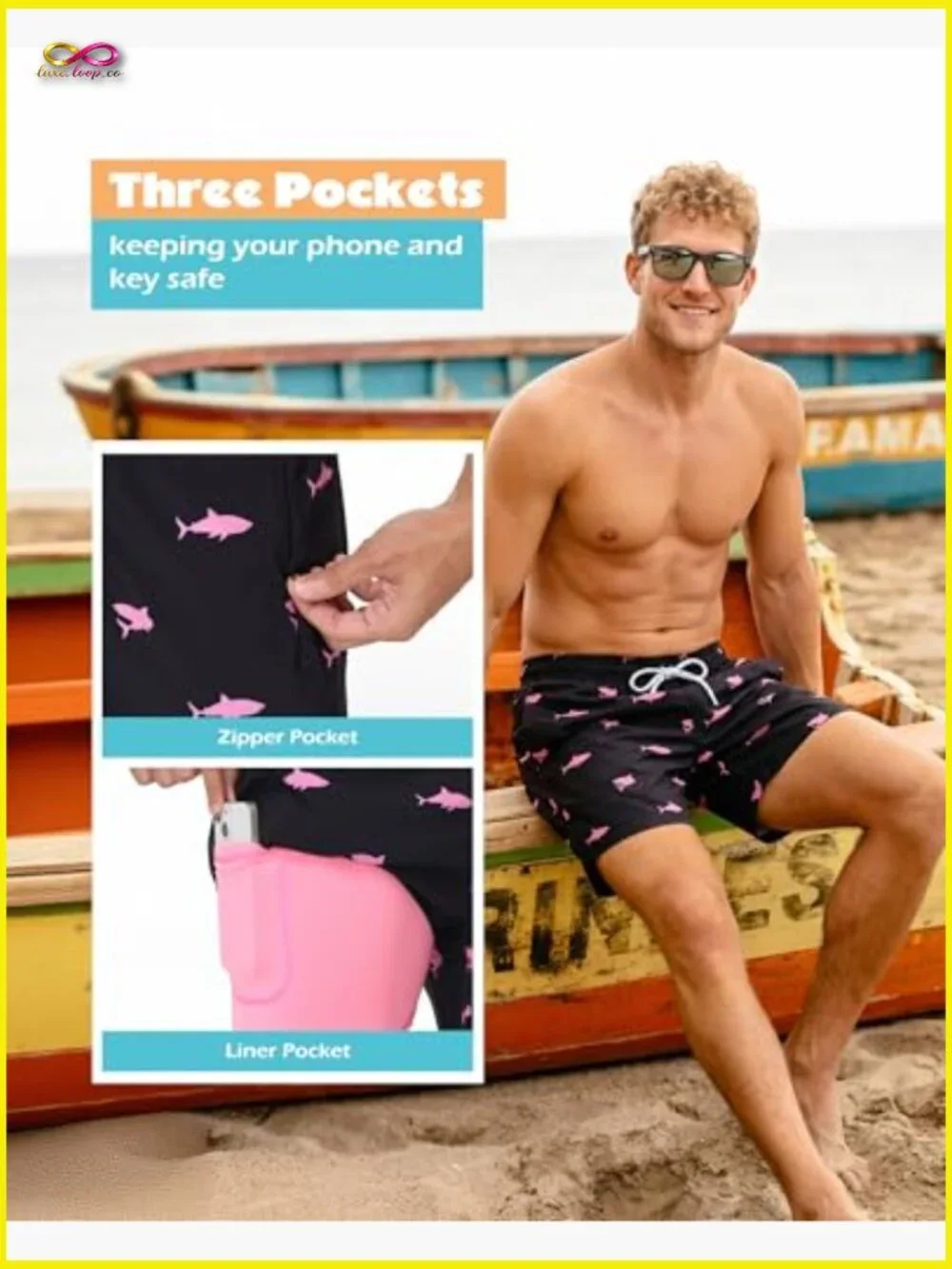 Men's Quick Dry Board Shorts with Compression Liner Zipper Pockets 5 Inch Inseam